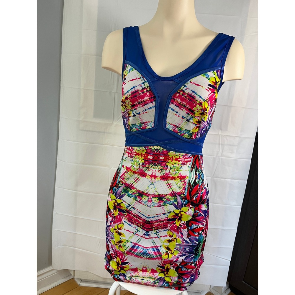 Wow Couture Womens Tropical Floral Mesh Cutout Bodycon Mini Dress Blue Small